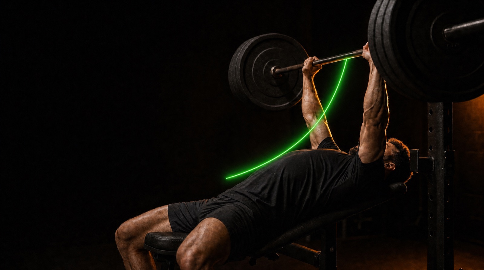 Efficient bench bar path traced in green — from the chest, up and slightly back to lockout over the shoulder