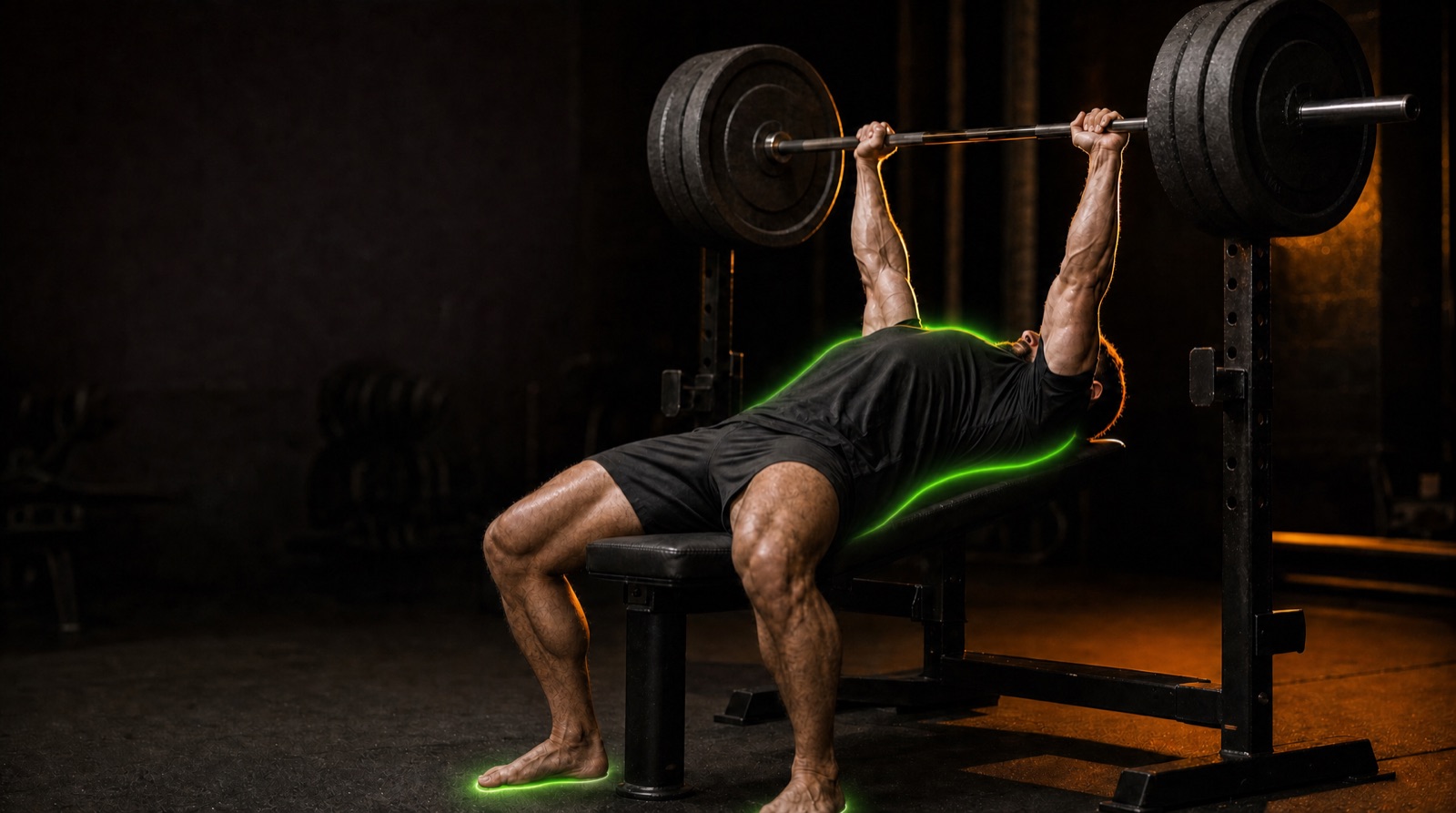 Braced bench setup — arched upper back and feet planted on the floor highlighted in green