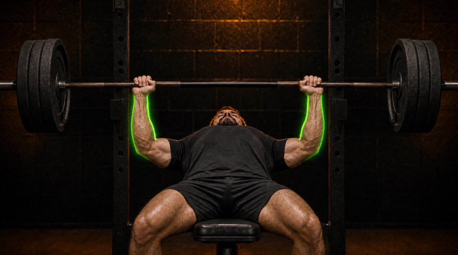 Bottom of the press — both forearms vertical and stacked straight under the bar, highlighted in green