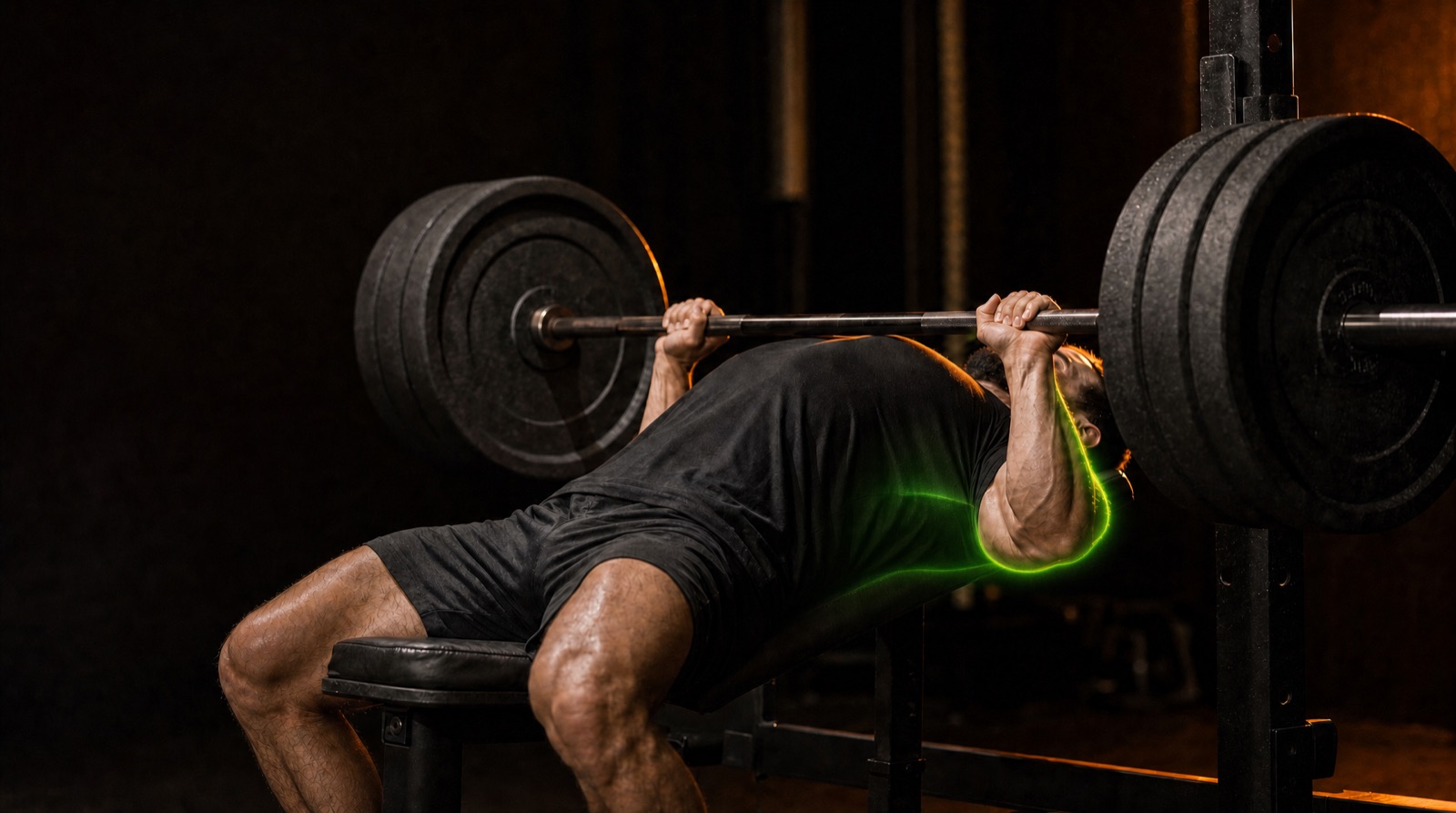 Bottom position — elbows tucked to roughly 45 to 75 degrees with lats engaged, highlighted in green