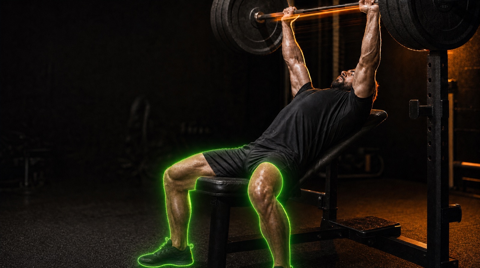 Driving the bar up and back to lockout with legs and feet driving into the floor, highlighted in green